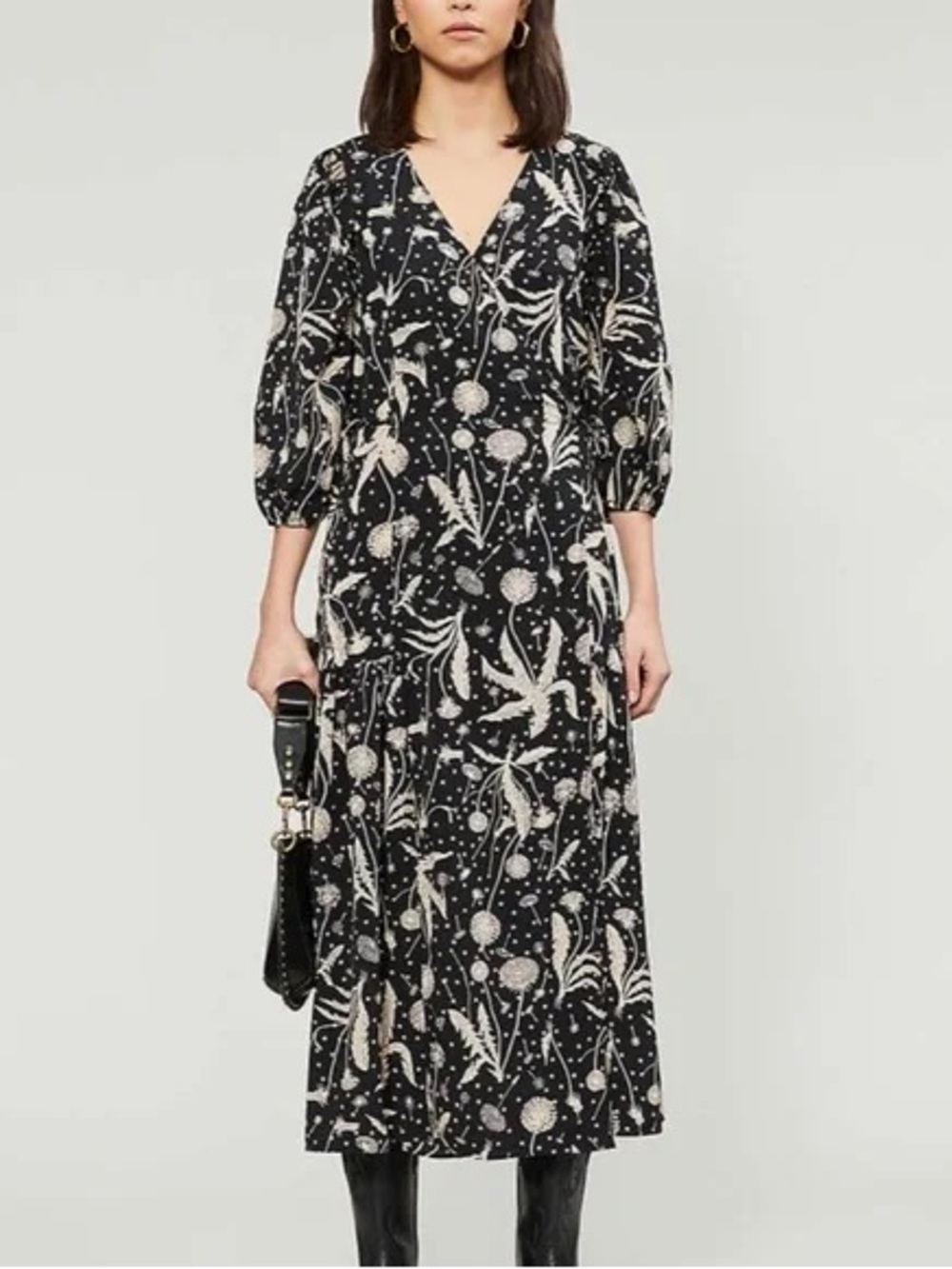 Topshop Black Floral Print V-Neck Midi Dress